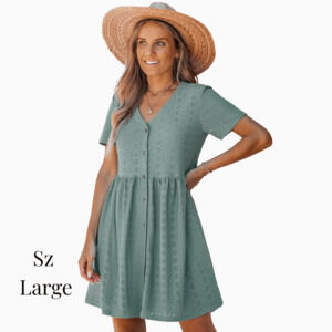 Sage Green Dress, Short Sleeve, Mini, Button Down, Women's Cupshee-Sz Large